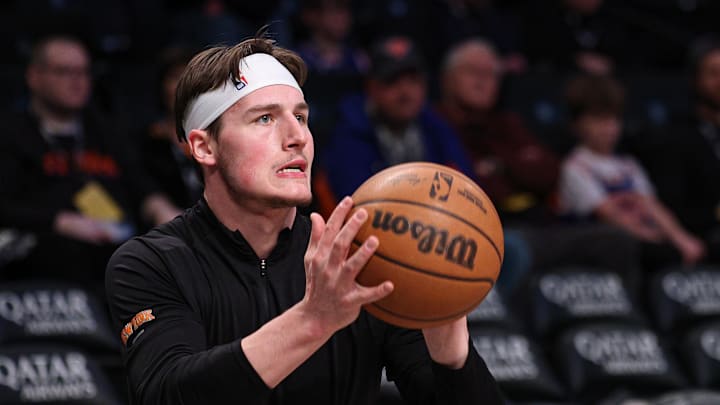 New York Knicks guard Tyler Kolek warms up before the game against the Brooklyn Nets.