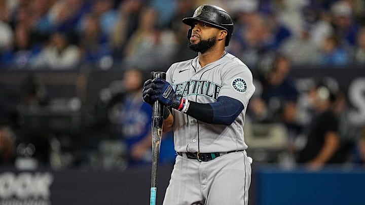 Seattle Mariners designated hitter Carlos Santana (41) in the fifth inning against the Toronto Blue Jays during game two of the Wild Card series for the 2022 MLB Playoffs at Rogers Centre in 2022.