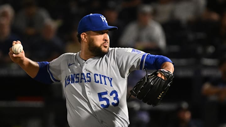 Apr 30, 2025; St. Petersburg, Florida, USA; Kansas City Royals relief pitcher Carlos Estevez (53) throws a pitch in the ninth inning against the Tampa Bay Rays at George M. Steinbrenner Field. Mandatory Credit: Jonathan Dyer-Imagn Images