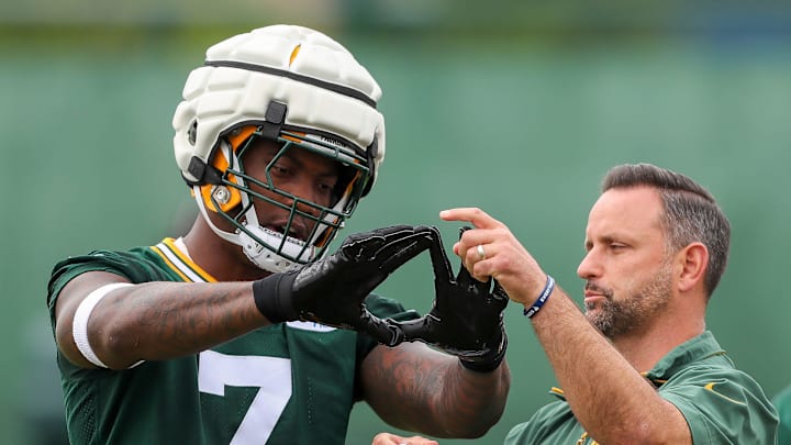 Green Bay Packers linebackers coach Anthony Campanile gives instruction to linebacker Quay Walker (7) during practice on Thursday, August 8, 2024, at Ray Nitschke Field in Ashwaubenon, Wis.
Tork Mason/USA TODAY NETWORK-Wisconsin Green Bay Packers linebackers coach Anthony Campanile gives instruction to linebacker Quay Walker (7) during practice on Thursday, August 8, 2024, at Ray Nitschke Field in Ashwaubenon, Wis.
Tork Mason/USA TODAY NETWORK-Wisconsin