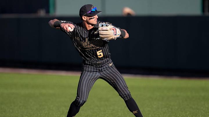 Vanderbilt second baseman Mike Mancini (5) fields a ground out hit by South Carolina third baseman Dawson Harman during the first inning at Hawkins Field in Nashville, Tenn., Thursday, May 14, 2026.