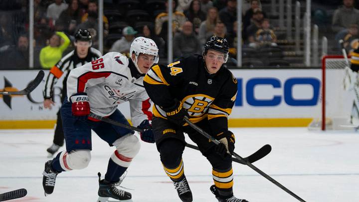 Sep 20, 2026; Boston, Massachusetts, USA;  Boston Bruins center James Hagens (44) skates with the puck during the first period of the game against the Washington Capitals at TD Garden.  Mandatory Credit: Natalie Reid-Imagn Images