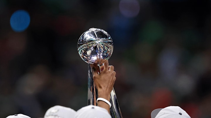 Feb 9, 2025; New Orleans, LA, USA; A detail view as the Philadelphia Eagles lift the Vince Lombardi Trophy after winning Super Bowl LIX against the Kansas City Chiefs at Caesars Superdome. Mandatory Credit: Bill Streicher-Imagn Images Feb 9, 2025; New Orleans, LA, USA; A detail view as the Philadelphia Eagles lift the Vince Lombardi Trophy after winning Super Bowl LIX against the Kansas City Chiefs at Caesars Superdome. Mandatory Credit: Bill Streicher-Imagn Images