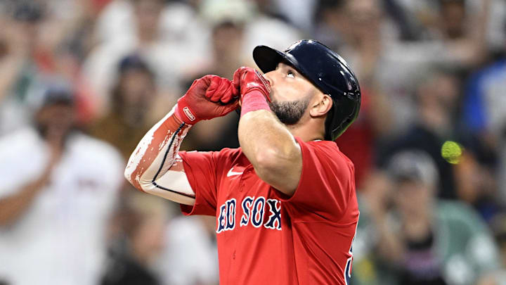 Aug 8, 2025; San Diego, California, USA; Boston Red Sox right fielder Wilyer Abreu (52) looks skyward after hitting a two-run home run during the fourth inning against the San Diego Padres at Petco Park. Mandatory Credit: Denis Poroy-Imagn Images