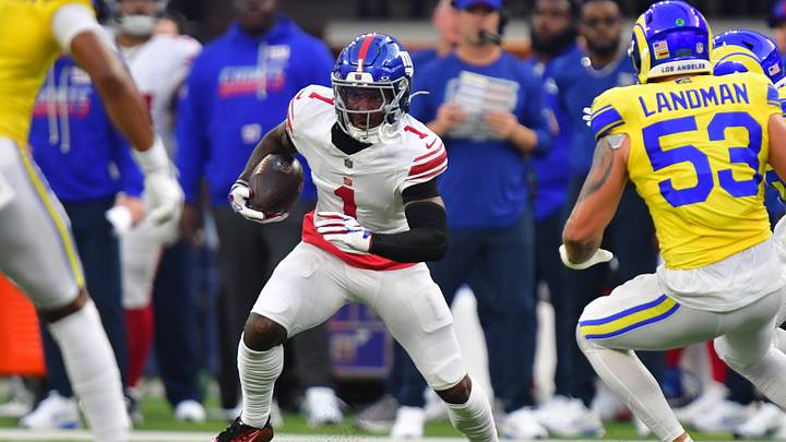 Sep 21, 2026; Inglewood, California, USA; New York Giants wide receiver Malik Nabers (1) runs after a catch against Los Angeles Rams linebacker Nate Landman (53) during the first quarter at SoFi Stadium. Mandatory Credit: Gary A. Vasquez-Imagn Images Sep 21, 2026; Inglewood, California, USA; New York Giants wide receiver Malik Nabers (1) runs after a catch against Los Angeles Rams linebacker Nate Landman (53) during the first quarter at SoFi Stadium. Mandatory Credit: Gary A. Vasquez-Imagn Images