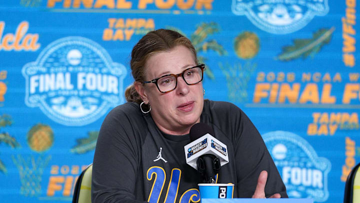 Apr 3, 2025; Tampa, FL, USA; UCLA Bruins head coach Cori Close talks to media before the NCAA Woman’s Final Four at Amalie Arena. Mandatory Credit: Nathan Ray Seebeck-Imagn Images Apr 3, 2025; Tampa, FL, USA; UCLA Bruins head coach Cori Close talks to media before the NCAA Woman’s Final Four at Amalie Arena. Mandatory Credit: Nathan Ray Seebeck-Imagn Images