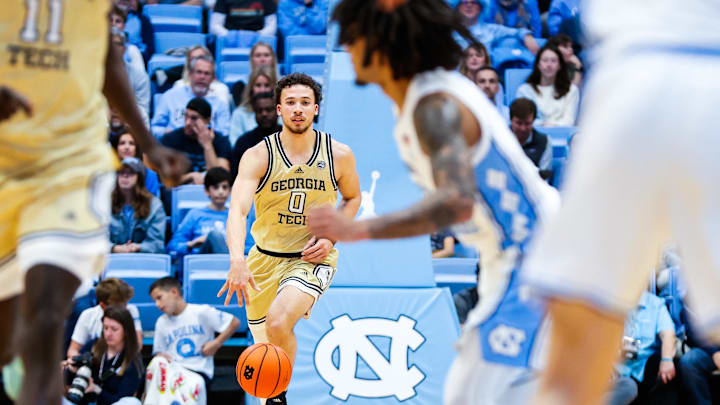 Dec 7, 2024; Chapel Hill, North Carolina, USA; Georgia Tech Yellow Jackets guard Lance Terry (0) dribbles during the first half of the game against the North Carolina Tar Heels at Dean E. Smith Center. Mandatory Credit: Jaylynn Nash-Imagn Images