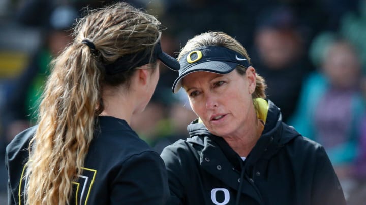 Oregon head coach Melyssa Lombardi talks with pitcher Stevie Hansen as the Oregon Ducks fell to UCLA 7-4 Saturday, March 25, 2023 at Jane Sanders Stadium in Eugene, Ore.

Sports Oregon Softball Vs Ucla