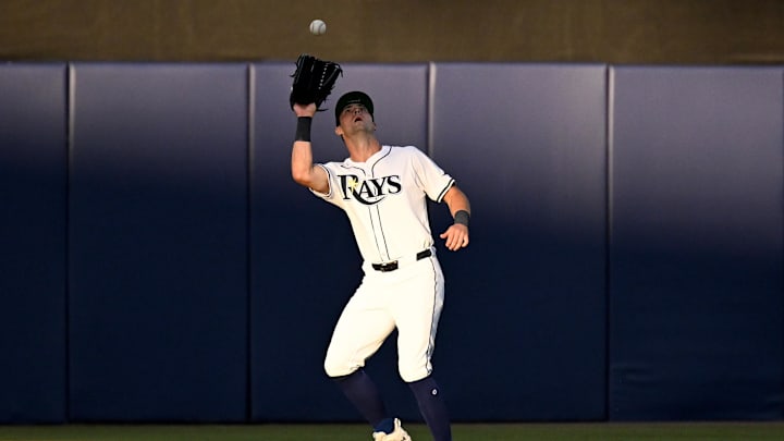 St. Petersburg, Florida, USA; Tampa Bay Rays center fielder Kameron Misner catches a fly ball in the first inning against the Boston Red Sox. All players wore number 42 for Jackie Robinson Day at George M. Steinbrenner Field. St. Petersburg, Florida, USA; Tampa Bay Rays center fielder Kameron Misner catches a fly ball in the first inning against the Boston Red Sox. All players wore number 42 for Jackie Robinson Day at George M. Steinbrenner Field.