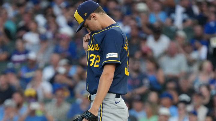 Sep 2, 2026; Chicago, Illinois, USA;  Milwaukee Brewers pitcher Jacob Misiorowski (32) takes a silent moment before pithing against the Chicago Cubs at Wrigley Field.  Mandatory Credit: David Banks-Imagn Images