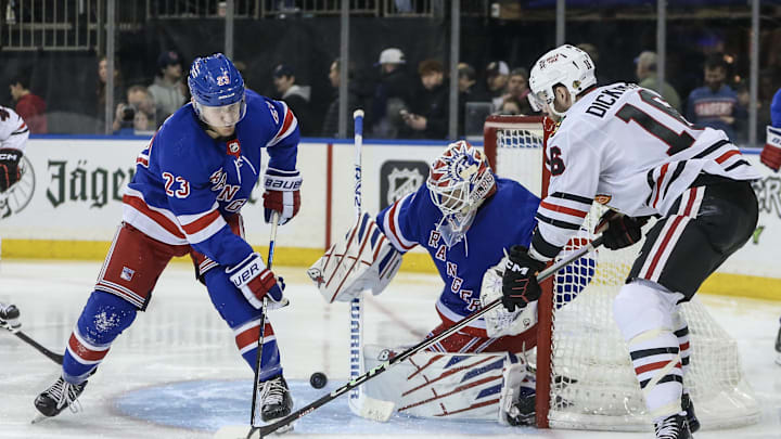Jan 4, 2024; New York, New York, USA; New York Rangers defenseman Adam Fox (23) and goaltender Igor