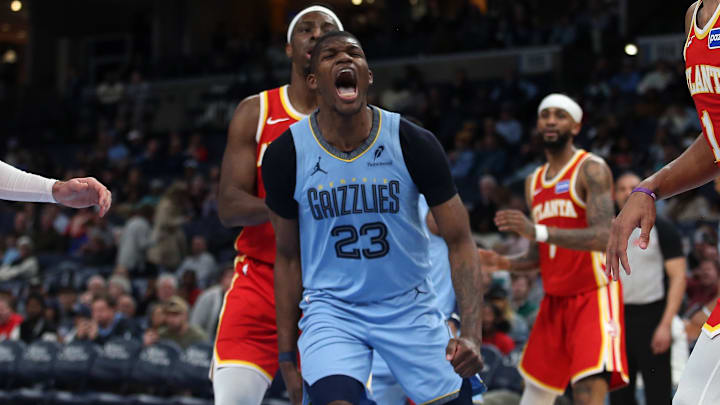 Jan 21, 2026; Memphis, Tennessee, USA; Memphis Grizzlies forward Cedric Coward (23) reacts during the third quarter against the Atlanta Hawks at FedExForum. Mandatory Credit: Petre Thomas-Imagn Images