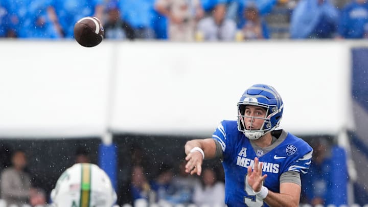 Memphis' Seth Henigan (9) throws the ball during the game between Charlotte and the University of Memphis at Simmons Bank Liberty Stadium on Saturday, October 26, 2024.