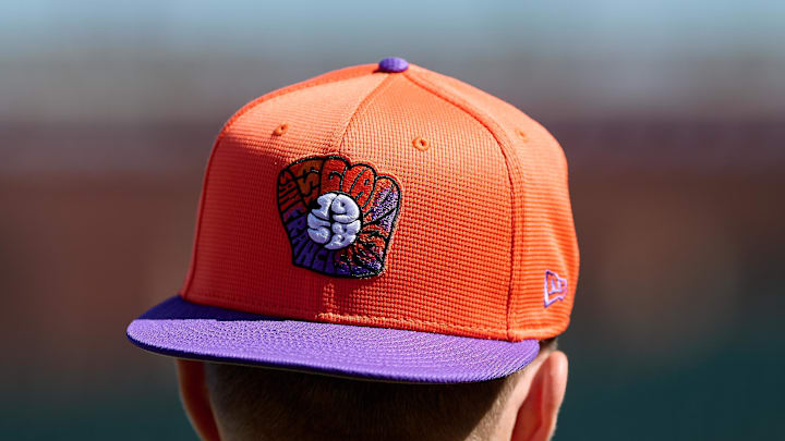 May 20, 2025; San Francisco, California, USA; A San Francisco Giants City Connect baseball hat is worn by San Francisco Giants catcher Patrick Bailey (14) before a game against the Kansas City Royals at Oracle Park. Mandatory Credit: Robert Edwards-Imagn Images