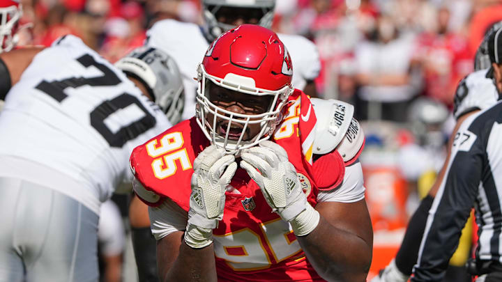 Oct 19, 2025; Kansas City, Missouri, USA; Kansas City Chiefs defensive end Chris Jones (95) celebrates after a sack against the Las Vegas Raiders during the third quarter of the game at GEHA Field at Arrowhead Stadium. Mandatory Credit: Denny Medley-Imagn Images