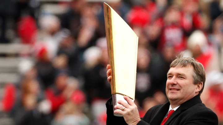 Georgia football coach Kirby Smart during the national championship celebration at Sanford Stadium in Athens on Jan. 15, 2022. Georgia football coach Kirby Smart during the national championship celebration at Sanford Stadium in Athens on Jan. 15, 2022.