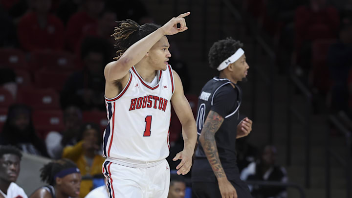 Dec 10, 2025; Houston, Texas, USA; Houston Cougars guard Isiah Harwell (1) reacts after scoring a basket during the first half against the Jackson State Tigers at Fertitta Center. Dec 10, 2025; Houston, Texas, USA; Houston Cougars guard Isiah Harwell (1) reacts after scoring a basket during the first half against the Jackson State Tigers at Fertitta Center.