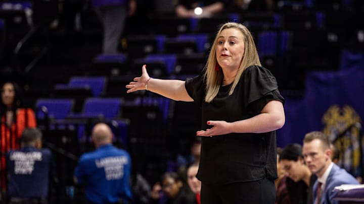 UNLV Lady Rebels head coach Lindy La Rocque reacts to a play against the Michigan Wolverines during the second half at Pete Maravich Assembly Center. 