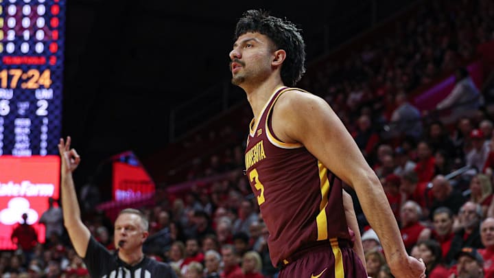 Mar 9, 2025; Piscataway, New Jersey, USA; Minnesota Golden Gophers forward Dawson Garcia (3) looks up after making a three point basket during the first half against the Rutgers Scarlet Knights at Jersey Mike's Arena. Mandatory Credit: Vincent Carchietta-Imagn Images