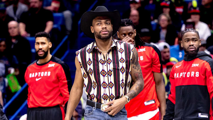 Nov 27, 2024; New Orleans, Louisiana, USA;  Toronto Raptors forward Bruce Brown (11) stands on the court against the New Orleans Pelicans during the first half at Smoothie King Center. Mandatory Credit: Stephen Lew-Imagn Images