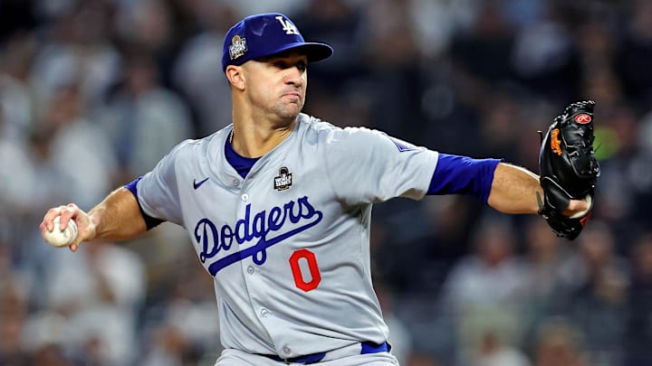 Oct 30, 2024; New York, New York, USA; Los Angeles Dodgers pitcher Jack Flaherty (0) pitches during the first inning against the New York Yankees in game four of the 2024 MLB World Series at Yankee Stadium. Mandatory Credit: Brad Penner-Imagn Images