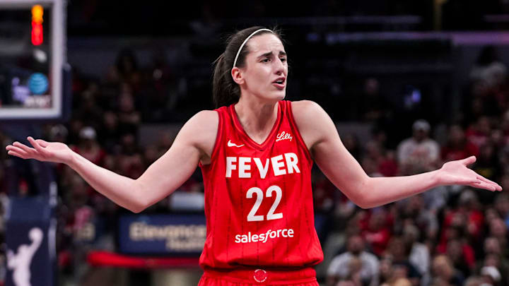 Indiana Fever guard Caitlin Clark (22) reacts to a call Friday, Sept. 13, 2024, during a game between the Indiana Fever and the Las Vegas Aces on Friday, Sept. 13, 2024, at Gainbridge Fieldhouse in Indianapolis.