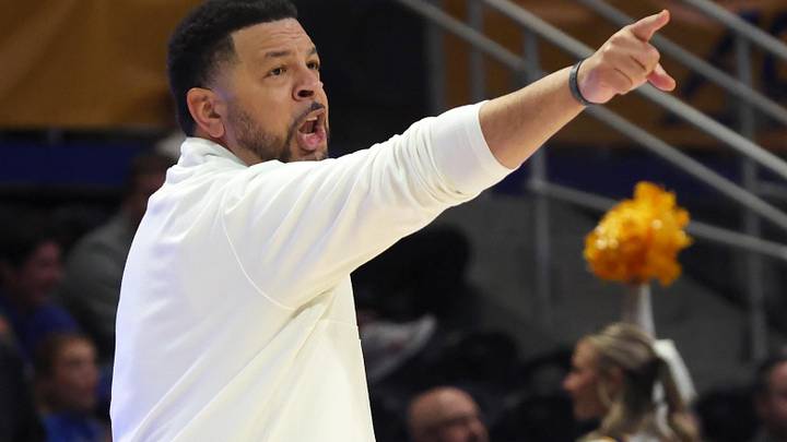 Feb 21, 2026; Pittsburgh, Pennsylvania, USA;  Pittsburgh Panthers head coach Jeff Capel gestures against the Notre Dame Fighting Irish during the second half at the Petersen Events Center. Mandatory Credit: Charles LeClaire-Imagn Images