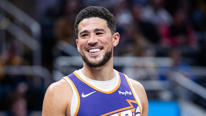 Mar 12, 2026; Indianapolis, Indiana, USA;  Phoenix Suns guard Devin Booker (1) in the first half against the Indiana Pacers at Gainbridge Fieldhouse. Mandatory Credit: Trevor Ruszkowski-Imagn Images