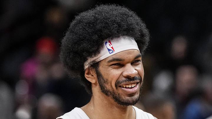 Jan 20, 2024; Atlanta, Georgia, USA; Cleveland Cavaliers center Jarrett Allen (31) reacts after defeating the Atlanta Hawks at State Farm Arena. Mandatory Credit: Dale Zanine-Imagn Images