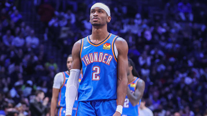 Feb 26, 2025; Brooklyn, New York, USA;  Oklahoma City Thunder guard Shai Gilgeous-Alexander (2) at Barclays Center. Mandatory Credit: Wendell Cruz-Imagn Images