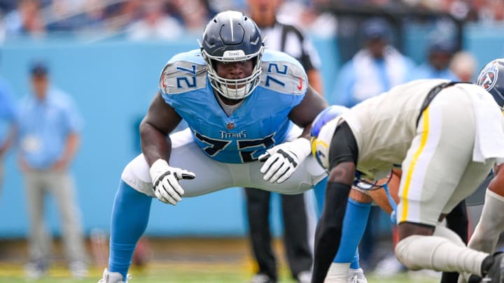 Sep 14, 2025; Nashville, Tennessee, USA;  Tennessee Titans offensive line Olisaemeka Udoh (72) against the Los Angeles Rams during the second half at Nissan Stadium. Mandatory Credit: Steve Roberts-Imagn Images
