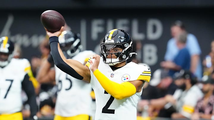 Oct 13, 2024; Paradise, Nevada, USA; Pittsburgh Steelers quarterback Justin Fields (2) warms up before a game against the Las Vegas Raiders at Allegiant Stadium. Mandatory Credit: Stephen R. Sylvanie-Imagn Images