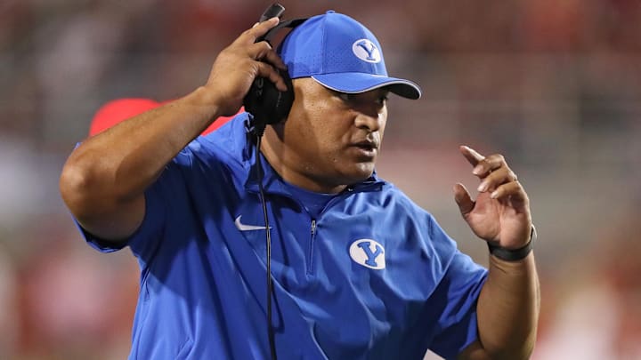 Sep 16, 2023; Fayetteville, Arkansas, USA; BYU Cougars head coach Kalani Sitake during the second Sep 16, 2023; Fayetteville, Arkansas, USA; BYU Cougars head coach Kalani Sitake during the second