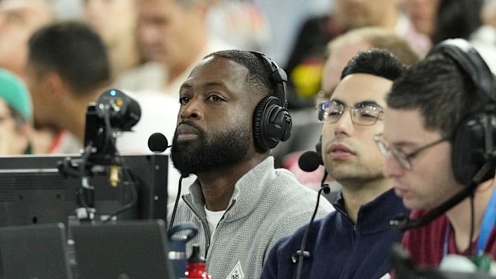 Aug 10, 2024; Paris, France; Dwayne Wade and Noah Eagle during men's basketball bronze medal game between Serbia and Germany during the Paris 2024 Olympic Summer Games at Accor Arena. Mandatory Credit: Kyle Terada-Imagn Images Aug 10, 2024; Paris, France; Dwayne Wade and Noah Eagle during men's basketball bronze medal game between Serbia and Germany during the Paris 2024 Olympic Summer Games at Accor Arena. Mandatory Credit: Kyle Terada-Imagn Images
