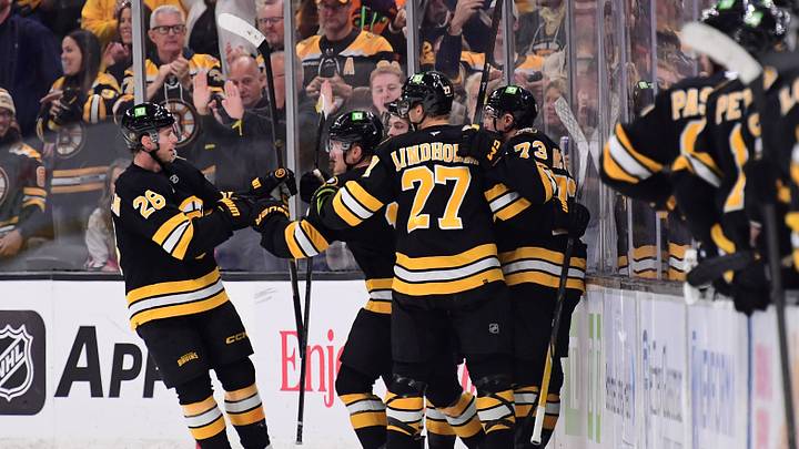 Oct 31, 2026; Boston, Massachusetts, USA;  Boston Bruins center Casey Mittelstadt (11) celebrates his goal with his teammates during the second period against the Chicago Blackhawks at TD Garden. Mandatory Credit: Bob DeChiara-Imagn Images