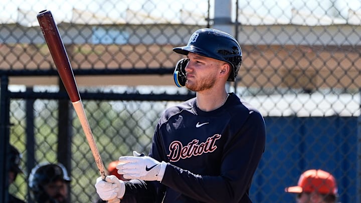 Detroit Tigers outfielder Parker Meadows bats during spring training at TigerTown in Lakeland, Fla. on Friday, Feb. 21, 2025.