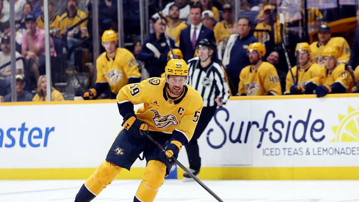 Apr 11, 2026; Nashville, Tennessee, USA; Nashville Predators defenseman Roman Josi (59) moves the puck during the first period of their game against the Minnesota Wild at Bridgestone Arena. Mandatory Credit: Alan Poizner-Imagn Images Apr 11, 2026; Nashville, Tennessee, USA; Nashville Predators defenseman Roman Josi (59) moves the puck during the first period of their game against the Minnesota Wild at Bridgestone Arena. Mandatory Credit: Alan Poizner-Imagn Images