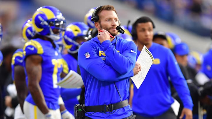 Dec 14, 2025; Inglewood, California, USA; Los Angeles Rams head coach Sean McVay looks on during the second quarter against the Detroit Lions at SoFi Stadium. Mandatory Credit: Gary A. Vasquez-Imagn Images Dec 14, 2025; Inglewood, California, USA; Los Angeles Rams head coach Sean McVay looks on during the second quarter against the Detroit Lions at SoFi Stadium. Mandatory Credit: Gary A. Vasquez-Imagn Images