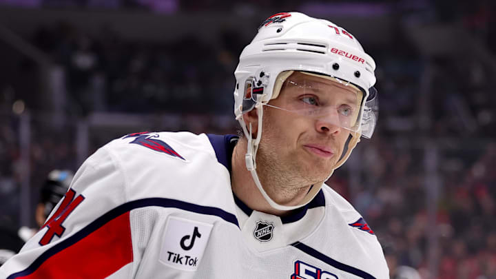 Mar 13, 2025; Los Angeles, California, USA; Washington Capitals defenseman John Carlson (74) skates during the first period against the Los Angeles Kings at Crypto.com Arena. Mandatory Credit: Ryan Sun-Imagn Images
