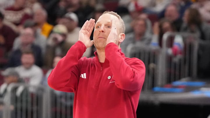 Mar 11, 2026; Chicago, IL, USA; Indiana Hoosiers head coach Darian Devries yells instructions to his team against the Northwestern Wildcats during the second half at United Center.