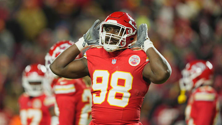 Jan 18, 2025; Kansas City, Missouri, USA; Kansas City Chiefs defensive tackle Tershawn Wharton (98) reacts during the fourth quarter of a 2025 AFC divisional round game against the Houston Texans at GEHA Field at Arrowhead Stadium.