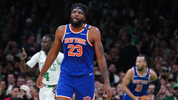 May 5, 2025; Boston, Massachusetts, USA; New York Knicks center Mitchell Robinson (23) returns up court against the Boston Celtics in the second quarter during game one of the second round for the 2025 NBA Playoffs at TD Garden. Mandatory Credit: David Butler II-Imagn Images