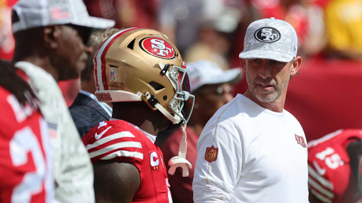 Nov 10, 2024; Tampa, Florida, USA; San Francisco 49ers head coach Kyle Shanahan and wide receiver Deebo Samuel Sr. (1) against the Tampa Bay Buccaneers prior to the game at Raymond James Stadium. Mandatory Credit: Kim Klement Neitzel-Imagn Images