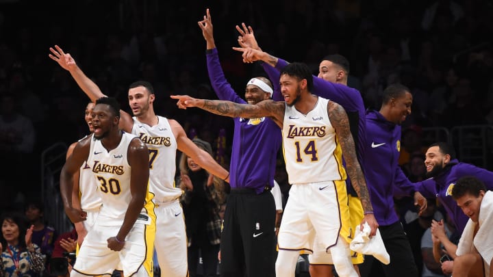 Jan 21, 2018; Los Angeles, CA, USA;  Los Angeles Lakers forward Julius Randle (30) and forward Larry Nance Jr. (7) and forward Corey Brewer (3) and forward Brandon Ingram (14) and forward Kyle Kuzma (0) cheer from the bench in the second half against the New York Knicks at Staples Center. Mandatory Credit: Jayne Kamin-Oncea-USA TODAY Sports