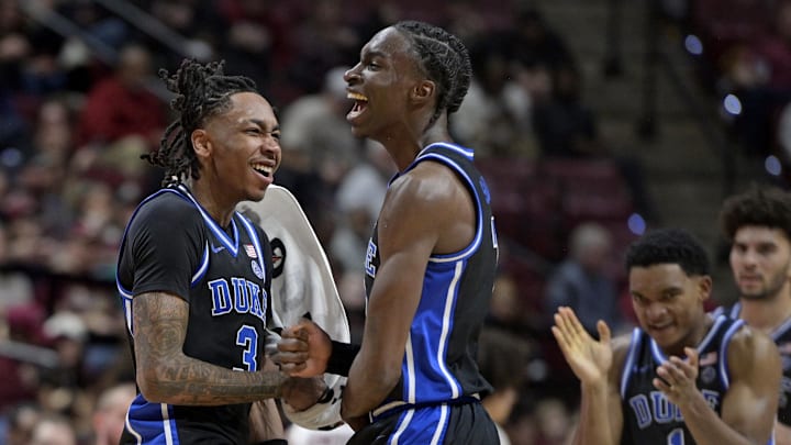 Jan 3, 2026; Tallahassee, Florida, USA; Duke Blue Devils guard Dame Sarr (7) celebrates making a three point shot with guard Isaiah Evans (3) during the second half against the Florida State Seminoles at Donald L. Tucker Center. Mandatory Credit: Melina Myers-Imagn Images