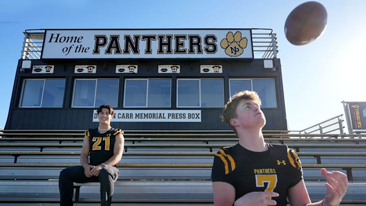 Newbury Park High quarterback Brady Smigiel poses for a photo with wide receiver Shane Rosenthal, who is committed to UCLA.