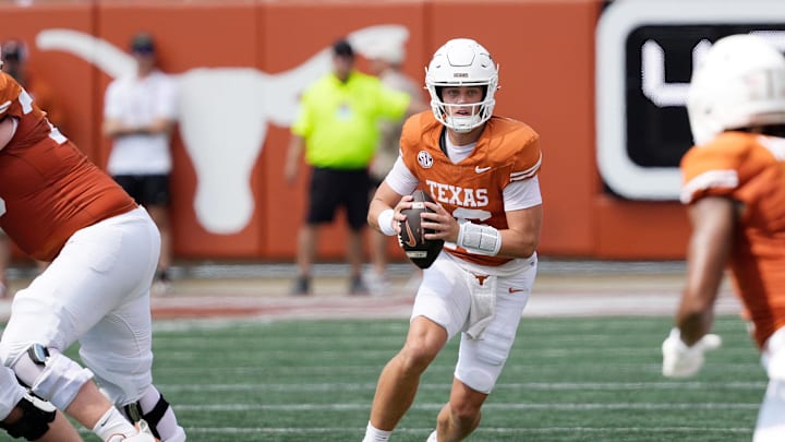 Sep 13, 2025; Austin, Texas, USA; Texas Longhorns quarterback Arch Manning (16) looks to pass the ball during the first half against the Texas El Paso Miners at Darrell K Royal-Texas Memorial Stadium. Mandatory Credit: Scott Wachter-Imagn Images