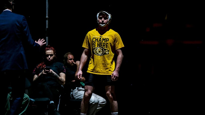 Missouri's Keegan O'Toole is introduced before wrestling at 165 pounds in the finals during the sixth session of the NCAA Division I Wrestling Championships, Saturday, March 19, 2022, at Little Caesars Arena in Detroit, Mich.

220319 Ncaa Session 6 Wr 048 Jpg