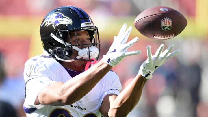 Oct 27, 2024; Cleveland, Ohio, USA; Baltimore Ravens tight end Isaiah Likely (80) warms up before the game between the Cleveland Browns and the Ravens at Huntington Bank Field. Mandatory Credit: Ken Blaze-Imagn Images