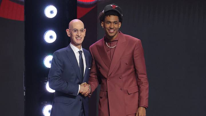 Jun 23, 2026; New York, NY, USA; NBA commissioner Adam Silver greets the fifteenth pick in the 2026 NBA draft, Texas guard Dailyn Swain after he was selected by the Chicago Bulls at Barclays Center. Mandatory Credit: Brad Penner-Imagn Images Jun 23, 2026; New York, NY, USA; NBA commissioner Adam Silver greets the fifteenth pick in the 2026 NBA draft, Texas guard Dailyn Swain after he was selected by the Chicago Bulls at Barclays Center. Mandatory Credit: Brad Penner-Imagn Images